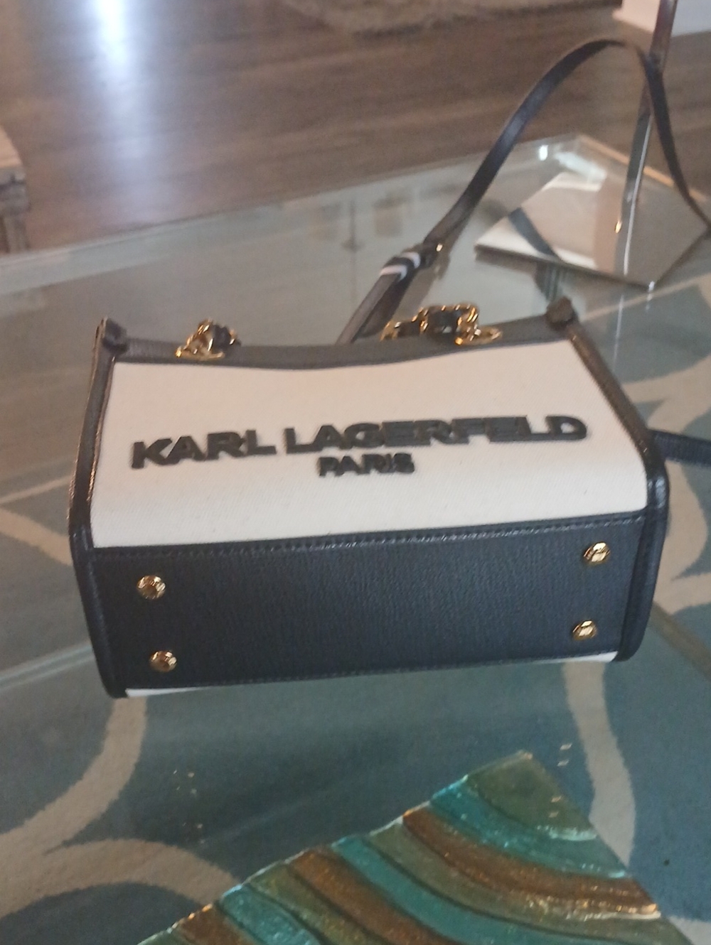 Karl Lagerfeld Black & Cream Canvas Satchel with Gold Chain Handles - Picture 4 of 6